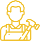 Yellow line drawing of a Spokane general contractor wearing overalls, holding a hammer over one shoulder. The image is simplified and uses an outline style.