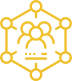 Yellow line icon depicting a connected network of six hexagonal points surrounding three people and a progress bar, symbolizing the collaborative spirit of a Spokane general contractor in driving projects forward.