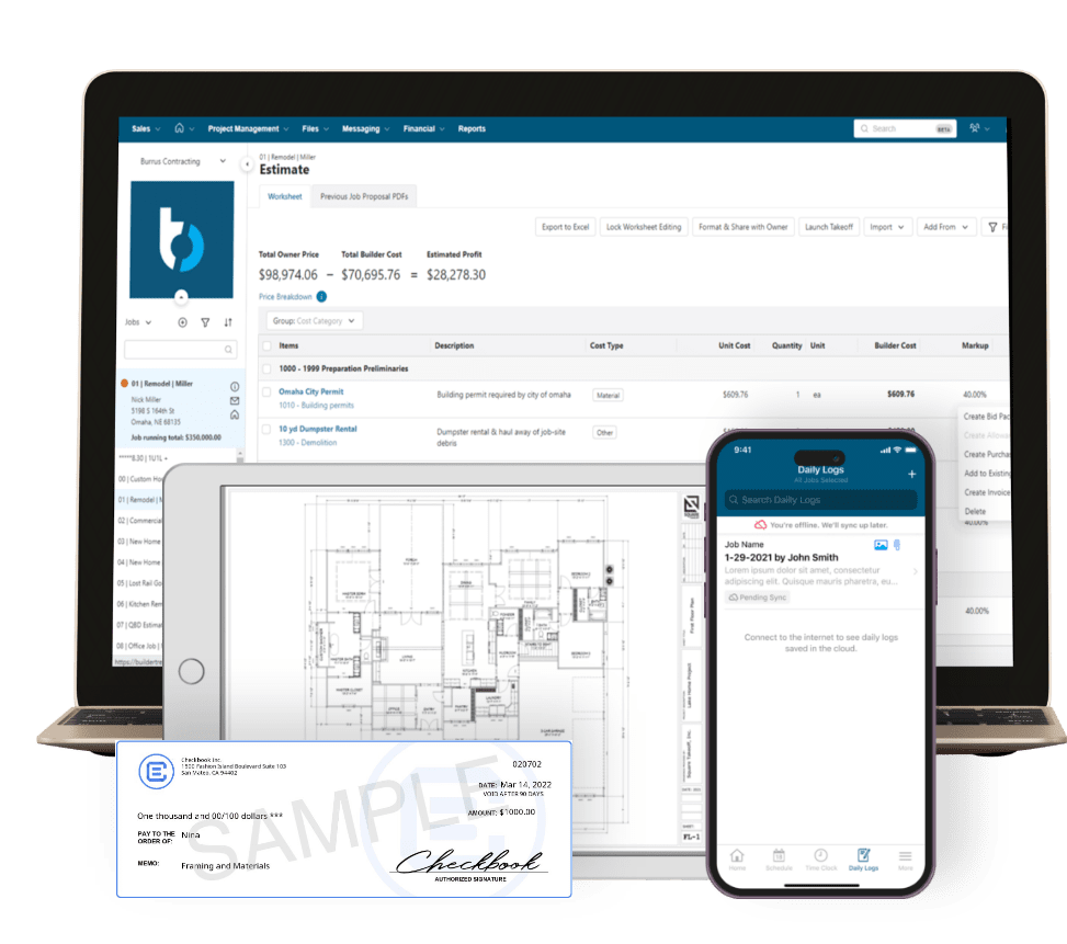 A laptop, tablet, and smartphone showcase various screens of a project management software with financial data, architectural plans, and a daily log. In the foreground, a sample check is prominently displayed—an essential tool for any Spokane general contractor managing complex projects efficiently.