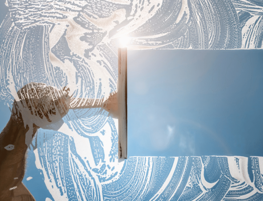 A hand uses a squeegee to clean a soapy glass window, revealing a clear blue sky behind the cleaned portion. Sunlight shines through the glass.